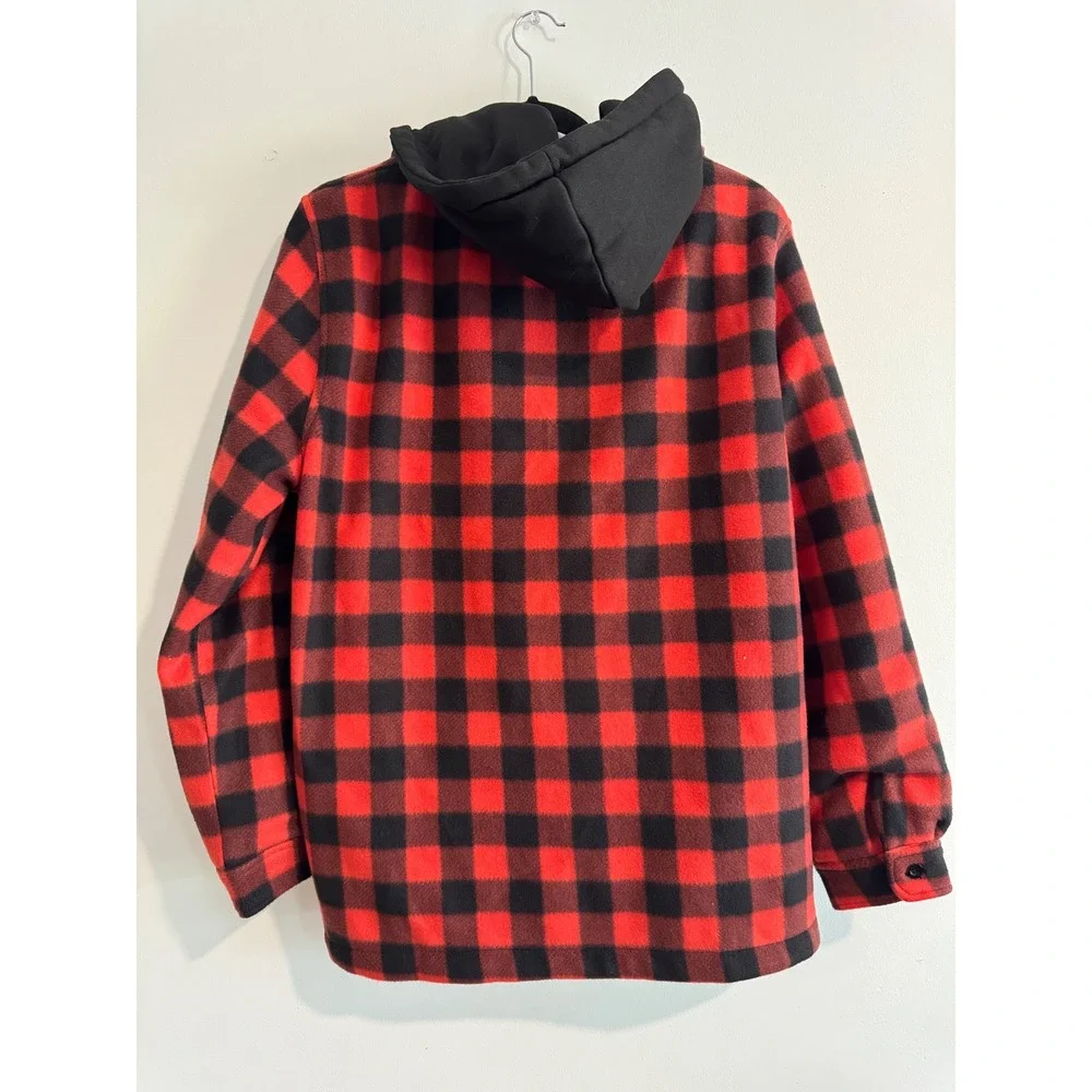 Buffalo Outdoors Hooded Fleece Shirt Jacket Men L Red Buffalo Plaid Sherpa Lined